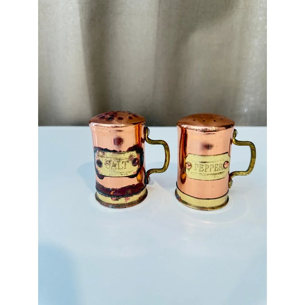 Vintage Copper and Brass Salt and Pepper Shakers Rustic Mug Tankard Set